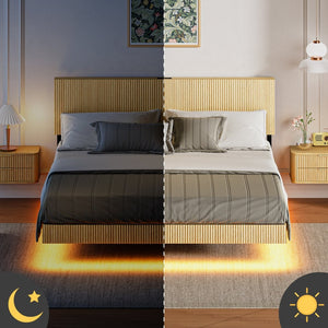 English Elm Oak Queen Floating Bed Walnut Finish Wavy Headboard Led Lighting Built in Charging W1820P408091