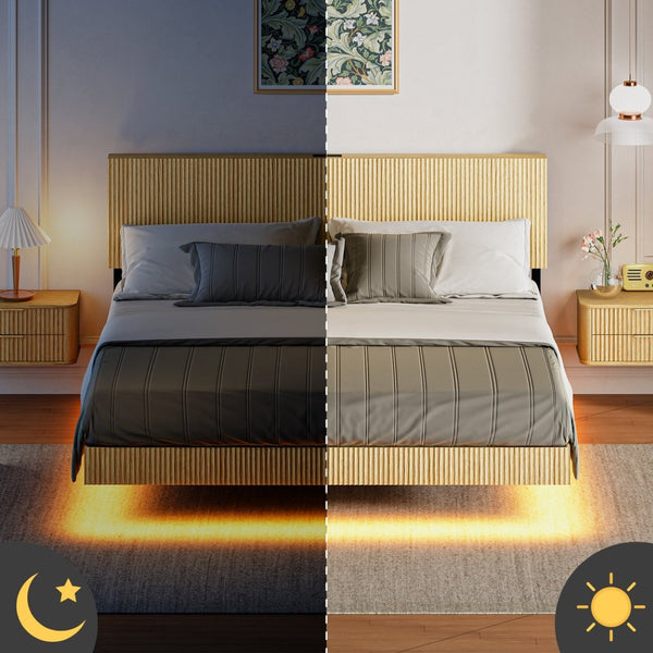 English Elm Oak Queen Floating Bed Walnut Finish Wavy Headboard Led Lighting Built in Charging W1820P408091
