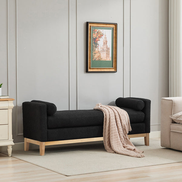 English Elm 66.34"W Elegant Upholstered Bench & Daybed, Soft Black Boucle, Natural Wood Legs & Bolster Pillows W3188S00019