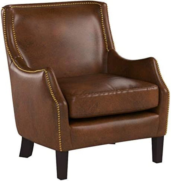 English Elm Genuine Top-grain Leather Accent Chair Studded Trim Solid Wood Frame Living Room N767P419112W