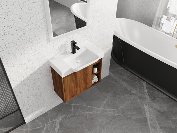 English Elm 28'' 28" Wall-Mounted Bathroom Vanity with White Ceramic Sink, Soft-Close Door, Open Shelves, KD-Pack W999P263409