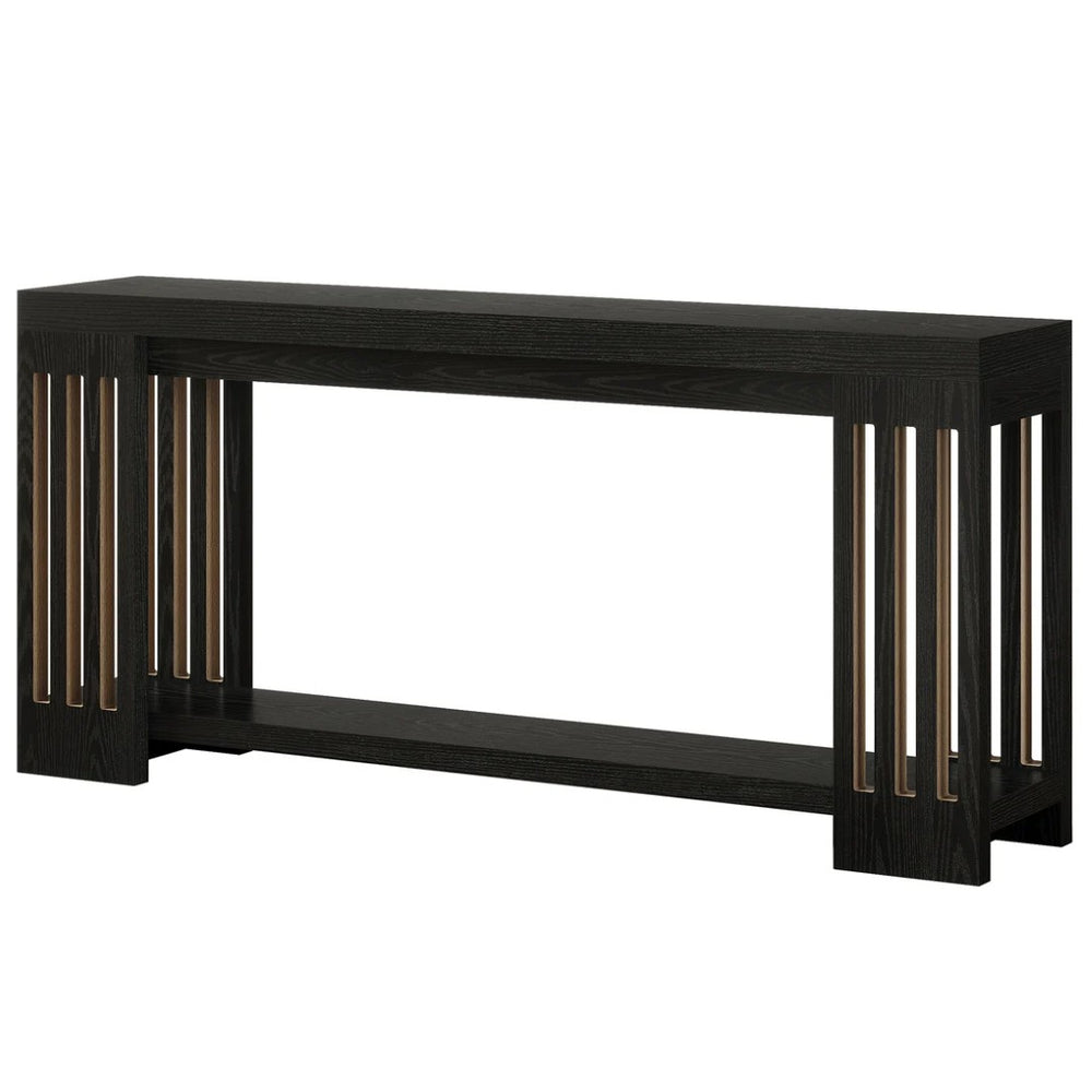English Elm 2-tier Industrial Console Table Rustic Wood and Black Metal Frame Entryway Sofa T3971P463059