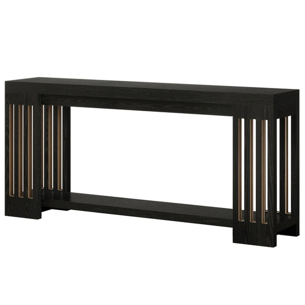 English Elm 2-tier Industrial Console Table Rustic Wood and Black Metal Frame Entryway Sofa T3971P463059