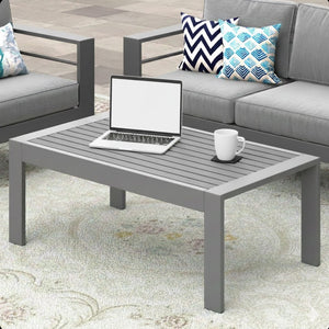 English Elm 43" Outdoor Coffee Table with Wood Grain Top on Powder Coated Iron for Patio Lounging Gray B082P455180