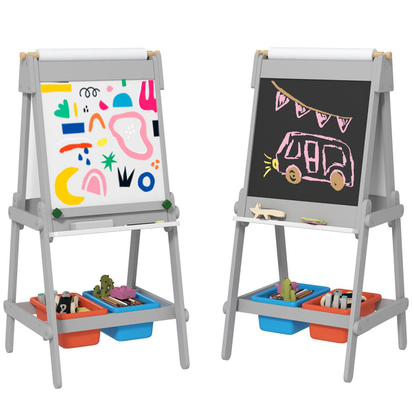 English Elm Qaba Kids Art Easel with Paper Roll, Double-Sided Chalk & Whiteboard, Storage Boxes, Safe Build Gray W2225P249778