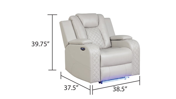 English Elm BENZ Power Recliner Chair Faux Leather Ice with LED Lighting, Bluetooth Speaker, Console, One-Touch Adjustments and Adjustable Headrest 659436190283