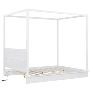 English Elm Queen LED Canopy Bed Frame White – Modern Platform Queen with Support Slats, No Box Spring Needed, Stylish Curtains-Friendly Design N708P292151K