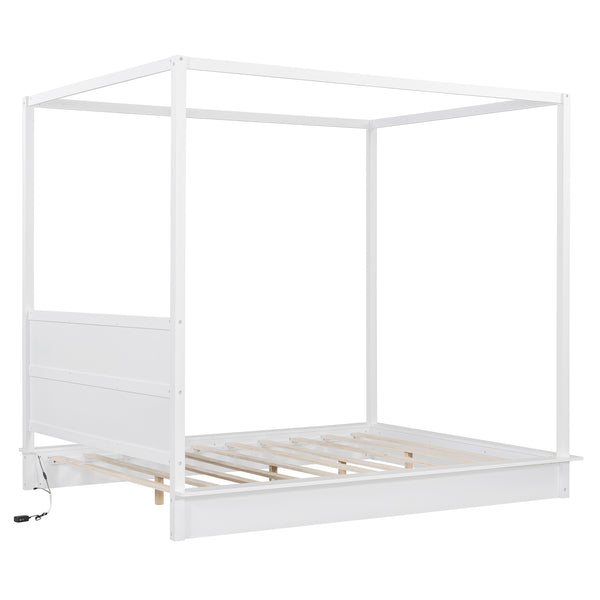 English Elm Queen LED Canopy Bed Frame White – Modern Platform Queen with Support Slats, No Box Spring Needed, Stylish Curtains-Friendly Design N708P292151K