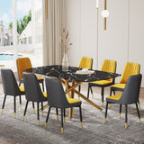 Hearth and Haven Large Modern Minimalist Rectangular Dining Table with 0.39 "Imitation Marble Black Tabletop and Golden Metal Legs, Paired with Chairs with Leatherette Cushions and Black Metal Legs. F-1537 C-007 W1151S00875 W1151S00875