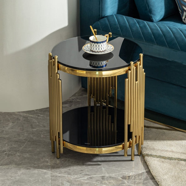 English Elm Luxury Two Tier Round Side Table Black Tempered Glass Gold Steel Wave Frame Glam W2723P252342