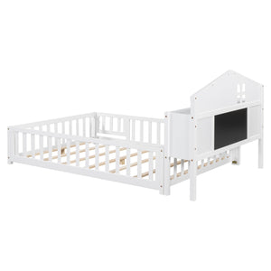 English Elm Full-size Montessori Floor Bed with Built-In Bookcase and Chalkboard, Space-Saving Solid Wood Platform for Kids White 56.3 L x 17.32 W x 5.31 H W1716S00012