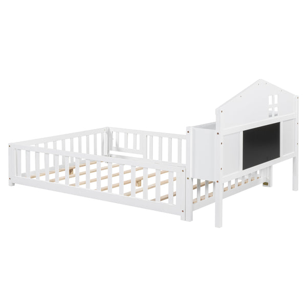English Elm Full-size Montessori Floor Bed with Built-In Bookcase and Chalkboard, Space-Saving Solid Wood Platform for Kids White 56.3 L x 17.32 W x 5.31 H W1716S00012