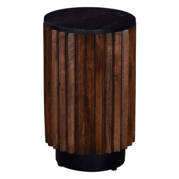 English Elm 12 In. Round Pierre Side Table with Black Marble Top & Slim Metal Base, Modern Compact Accent Piece B2741P286094