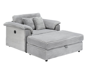 English Elm 47.24-inch corduroy armchair with storage ottoman and USB ports, spring seat, solid wood frame lounge Gray W3356S00021