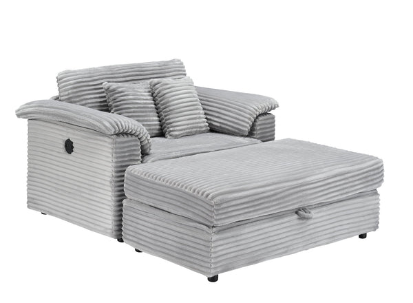 English Elm 47.24-inch corduroy armchair with storage ottoman and USB ports, spring seat, solid wood frame lounge Gray W3356S00021