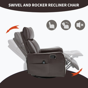 English Elm Blue Fabric Swivel Rocker Recliner with Massage Heat Nodes for Living Room Comfort Brown Pu W1803P321813