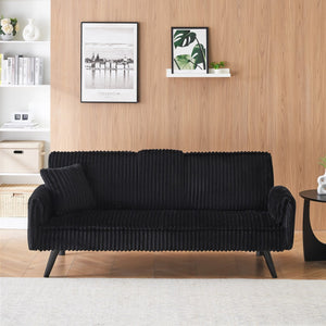 English Elm Minimalist Corduroy Reclining Sofa with Convertible Flat Sleeper and Cup Holder Black W3356P421777
