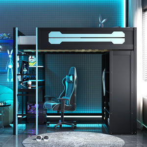 English Elm Full Size Gaming Loft Bed with Rgb Lighting Integrated Desk and Open Wardrobe Blue N820S00073C