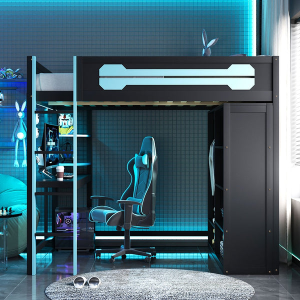 English Elm Full Size Gaming Loft Bed with Rgb Lighting Integrated Desk and Open Wardrobe Blue N820S00073C
