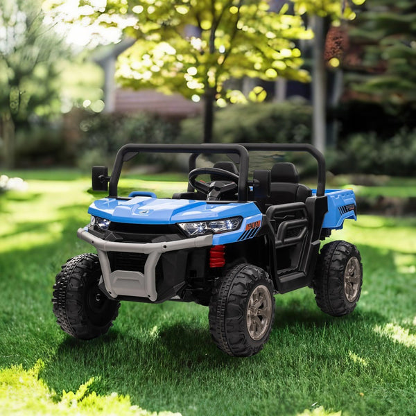 English Elm 24v Kids Ride on Dump Truck Two Seat Electric Utv with Tilting Bed and Remote Control Blue W1578P188521
