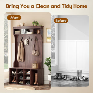 English Elm 70.9 Inch Freestanding Hall Tree with Bench Shoe Cubbies and 7 Hooks for Entryway Dark Walnut T3623P434554