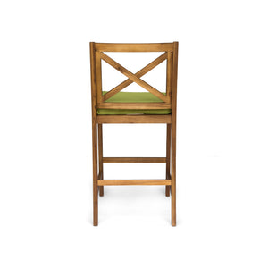English Elm Christopher Knight Home® - PERLA Acacia Wood Outdoor Barstool Set of 2 with Water-Resistant Cushions, Cross-Back Farmhouse Charm Green 63748.00GRN