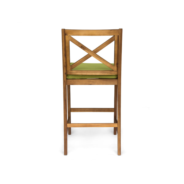 English Elm Christopher Knight Home® - PERLA Acacia Wood Outdoor Barstool Set of 2 with Water-Resistant Cushions, Cross-Back Farmhouse Charm Green 63748.00GRN