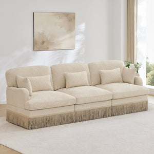 English Elm 100" Leopard Chenille Sectional Sofa with Tassel Trim Deep Seat Modular Living Room Couch Beige W5656S00004