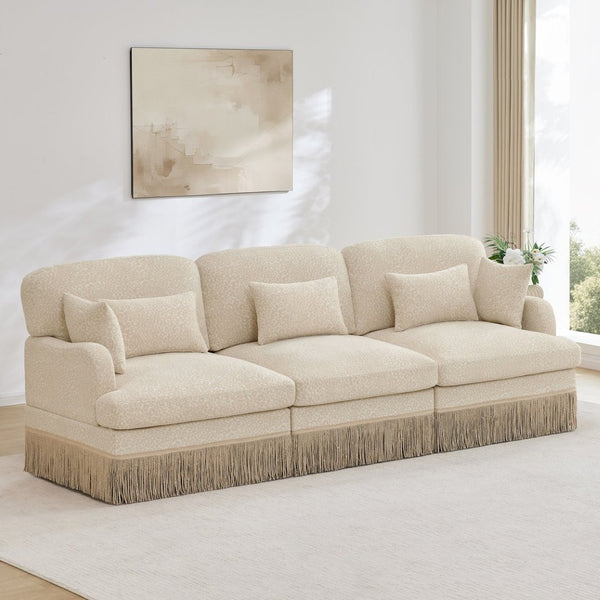 English Elm 100" Leopard Chenille Sectional Sofa with Tassel Trim Deep Seat Modular Living Room Couch Beige W5656S00004