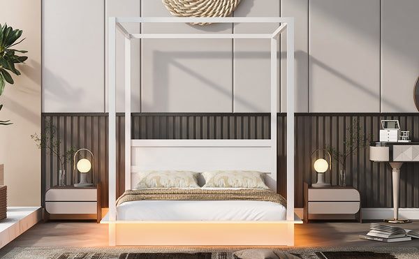 English Elm Queen LED Canopy Bed Frame White – Modern Platform Queen with Support Slats, No Box Spring Needed, Stylish Curtains-Friendly Design N708P292151K