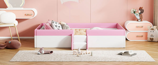 English Elm Twin Upholstered Daybed Frame with Fence & Stairs in Pink+White, PU Comfort, 10 Slats, 300lb Capacity SF000153AAH