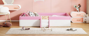 English Elm Twin Kids Platform Daybed with Fence Rail and Staircase Pu Upholstered Frame SF000153AAH-1