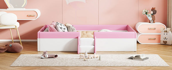English Elm Twin Kids Platform Daybed with Fence Rail and Staircase Pu Upholstered Frame SF000153AAH-1