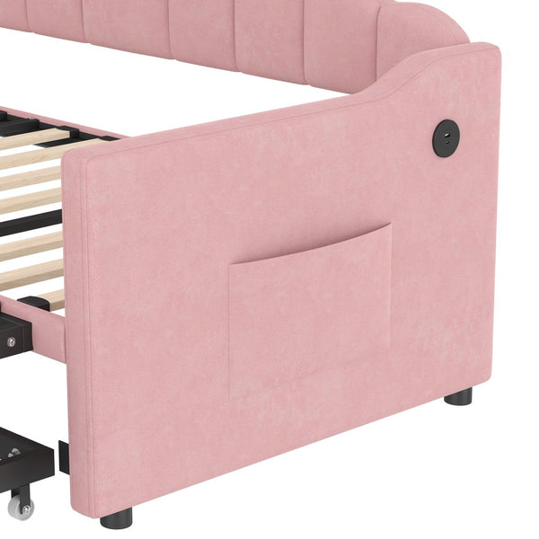 English Elm Upholstered Twin Daybed with Pop-Up Trundle, Built-In USB Type-C Charger, Side Pockets, Velvet Frame Pink 77.25 L x 17.25 W x 5.31 H N733S285118H