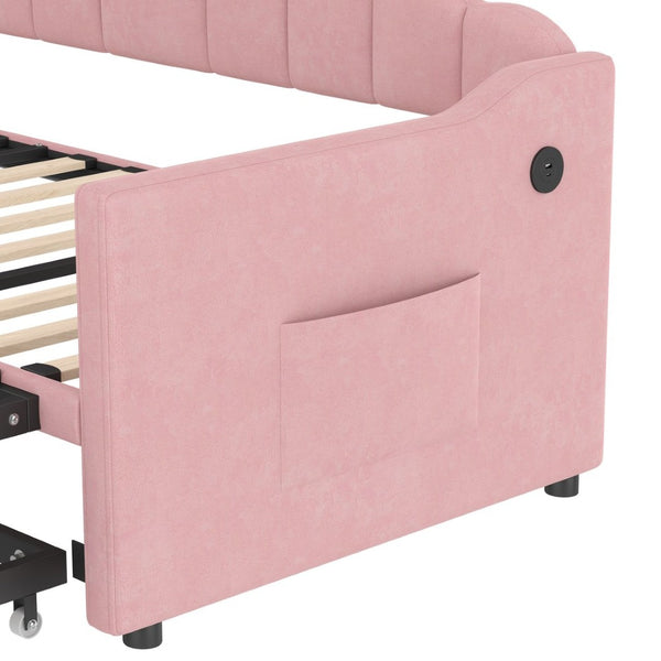 English Elm Upholstered Twin Daybed with Pop up Trundle Velvet Frame and Built in Usb Charging Pink N733S410648H