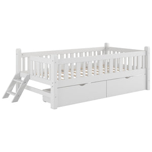 English Elm Wood Twin Platform Bed with Guardrail, Solid Pine Construction, 2 Underbed Drawers for Storage and Playroom Space White N709P242145K