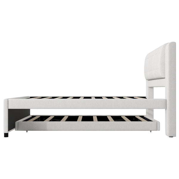 English Elm Full Size Upholstered Platform Bed With Versatile Trundle - Stylish Beige Design For Any Space! DL001678AAA