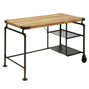 English Elm Industrial Desk with Rustic Replicated Wood Top, Metal Pipe Frame, Caster Wheel Accents, 47.25"W x 30.1"H Antique Black 52 L x 26 W x 9 H B2741P342770