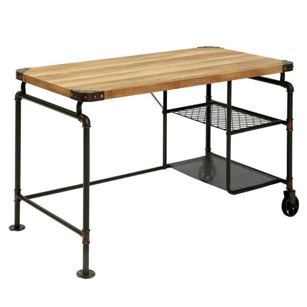 English Elm Industrial Desk with Rustic Replicated Wood Top, Metal Pipe Frame, Caster Wheel Accents, 47.25"W x 30.1"H Antique Black 52 L x 26 W x 9 H B2741P342770