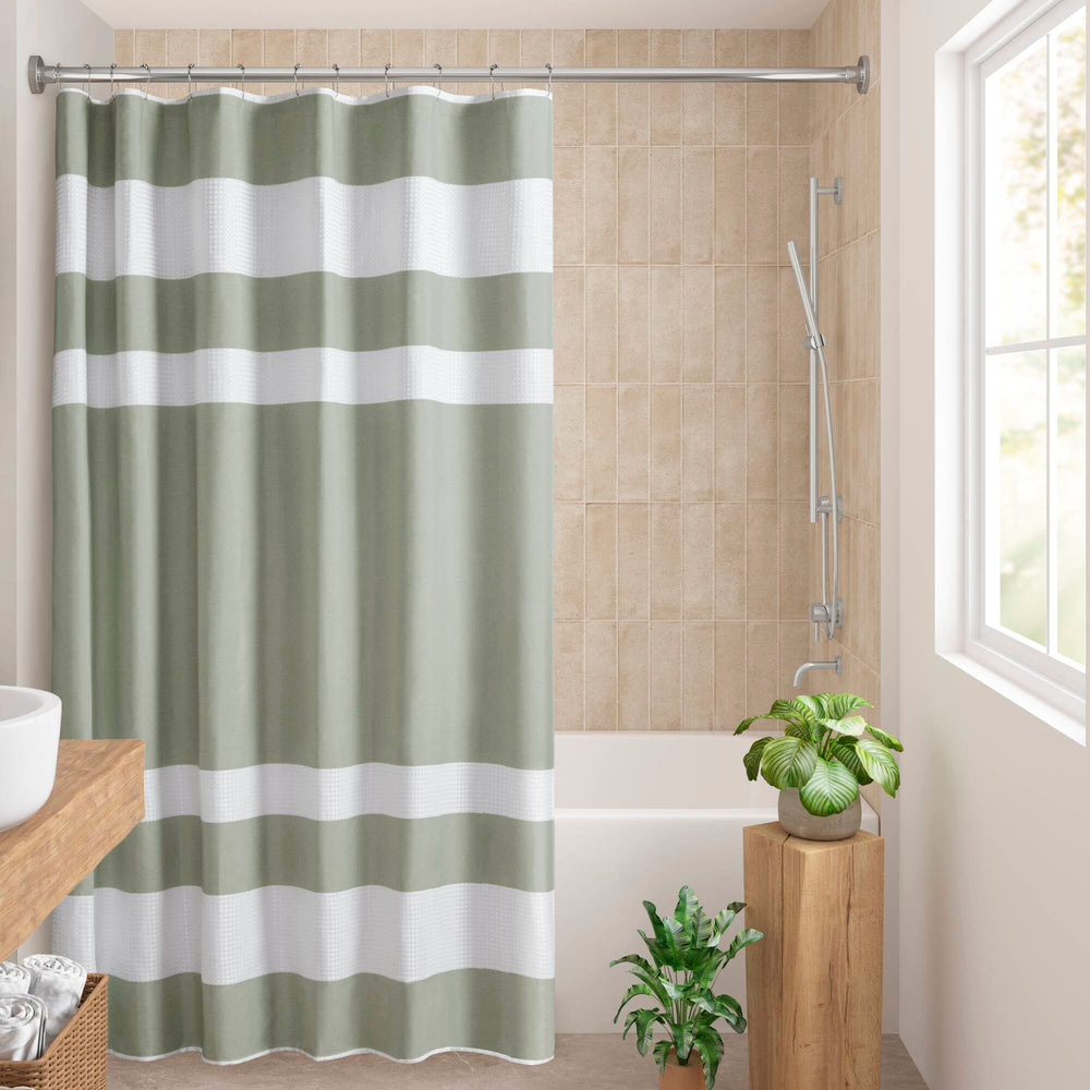 JLA Home Madison Park - Shower Textured Waffle Curtain with Heathered Stripe and 3M Scotchgard Water-Repellent Finish Sage Green MP70-8567