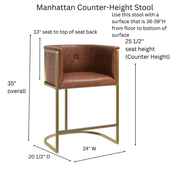 English Elm 26" Counter Stool Tufted Faux Leather Seat with Brass Metal Base for Kitchen Islands Brown Pu B2751P436482