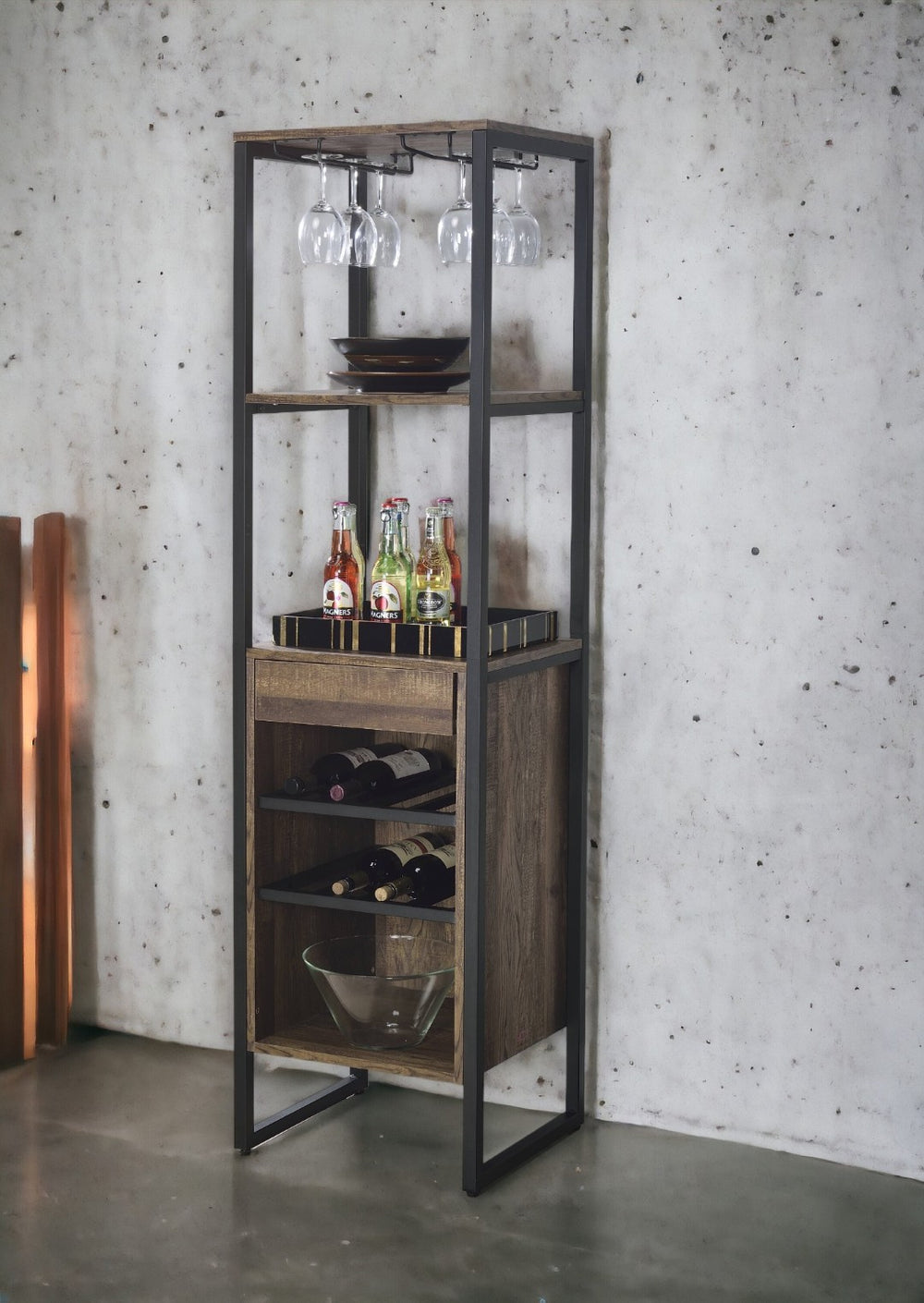 English Elm Narik Tall Freestanding Wine Rack with Drawer Open Slatted Rustic Modern Storage B2726P338123