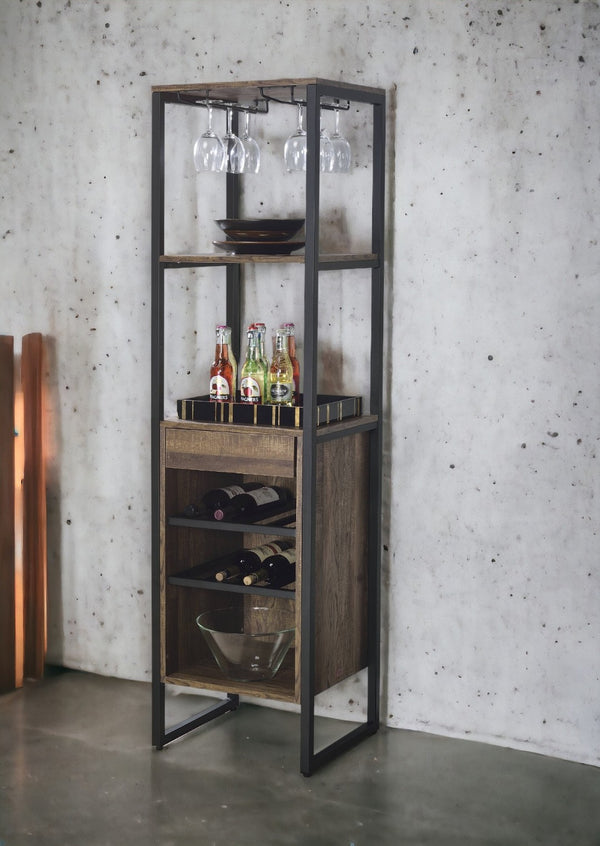 English Elm Narik Tall Freestanding Wine Rack with Drawer Open Slatted Rustic Modern Storage B2726P338123