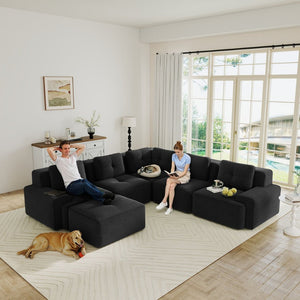 English Elm Modular Corduroy Sectional Sofa 6 Seat V Shaped Corner Couch with Ottomans Living Room Black W714S01587