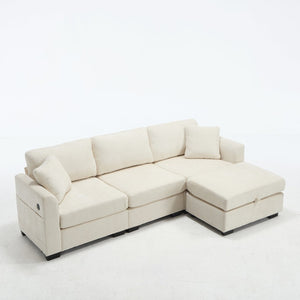 English Elm Modern Chenille L-shaped Sectional with Usb Charging Ottoman Storage Living Room Couch Beige W2120S00016