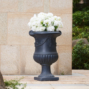 English Elm Elegant Handcrafted Mgo Floral Relief Garden Urn Planter with Antique White Finish Black N772P389441B