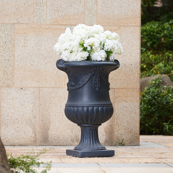 English Elm Elegant Handcrafted Mgo Floral Relief Garden Urn Planter with Antique White Finish Black N772P389441B