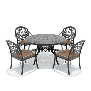 English Elm 5-piece Cast Aluminum Outdoor Dining Set with Carved Floral Patio Chairs and Table W1710S00551