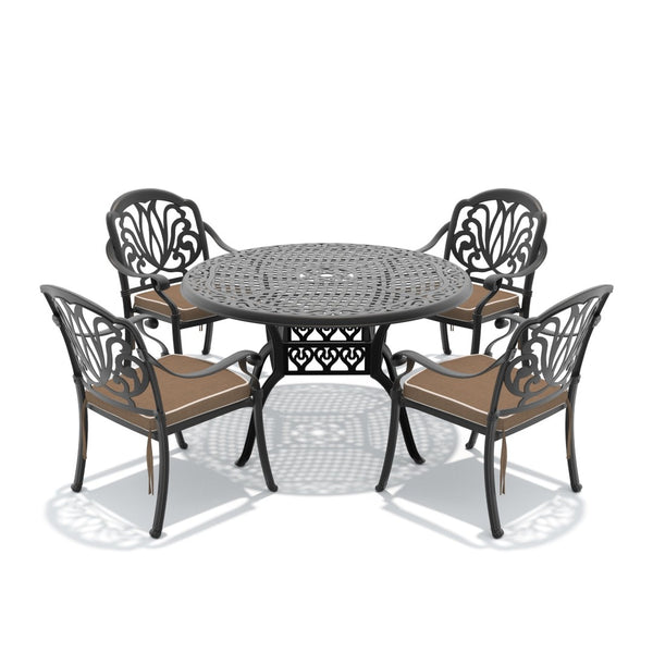 English Elm 5-piece Cast Aluminum Outdoor Dining Set with Carved Floral Patio Chairs and Table W1710S00551