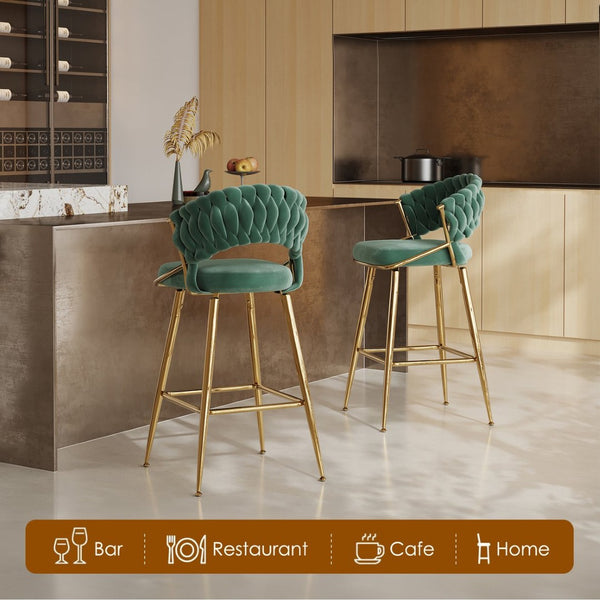 English Elm Counter Height Stools Set of 2 Mid-century Metal Legs Ergonomic Kitchen Island Seating Green T3623P430872
